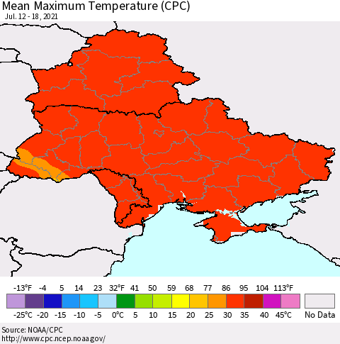Ukraine, Moldova and Belarus Maximum Temperature (CPC) Thematic Map For 7/12/2021 - 7/18/2021