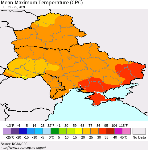Ukraine, Moldova and Belarus Mean Maximum Temperature (CPC) Thematic Map For 7/19/2021 - 7/25/2021