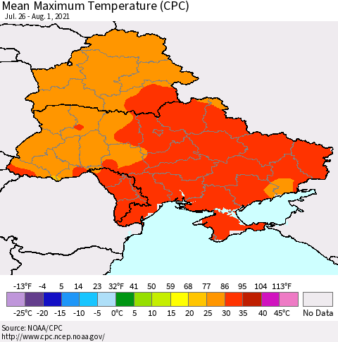 Ukraine, Moldova and Belarus Mean Maximum Temperature (CPC) Thematic Map For 7/26/2021 - 8/1/2021