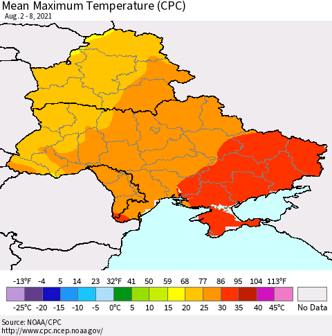 Ukraine, Moldova and Belarus Mean Maximum Temperature (CPC) Thematic Map For 8/2/2021 - 8/8/2021