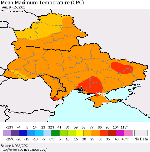 Ukraine, Moldova and Belarus Mean Maximum Temperature (CPC) Thematic Map For 8/9/2021 - 8/15/2021