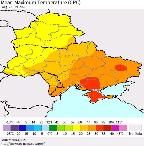 Ukraine, Moldova and Belarus Mean Maximum Temperature (CPC) Thematic Map For 8/23/2021 - 8/29/2021