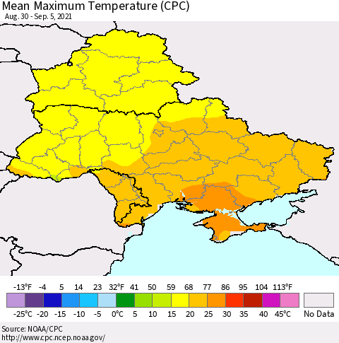 Ukraine, Moldova and Belarus Maximum Temperature (CPC) Thematic Map For 8/30/2021 - 9/5/2021