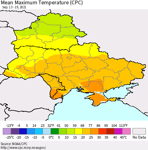 Ukraine, Moldova and Belarus Mean Maximum Temperature (CPC) Thematic Map For 9/13/2021 - 9/19/2021