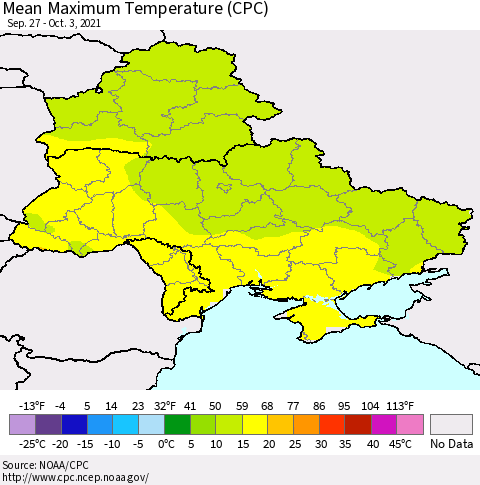 Ukraine, Moldova and Belarus Maximum Temperature (CPC) Thematic Map For 9/27/2021 - 10/3/2021