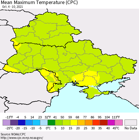 Ukraine, Moldova and Belarus Mean Maximum Temperature (CPC) Thematic Map For 10/4/2021 - 10/10/2021