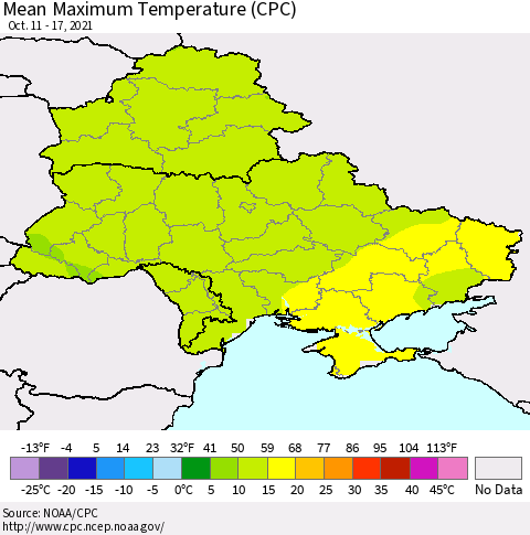 Ukraine, Moldova and Belarus Maximum Temperature (CPC) Thematic Map For 10/11/2021 - 10/17/2021