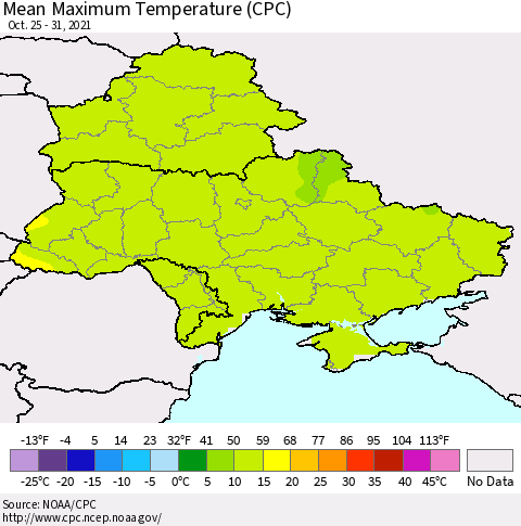 Ukraine, Moldova and Belarus Mean Maximum Temperature (CPC) Thematic Map For 10/25/2021 - 10/31/2021