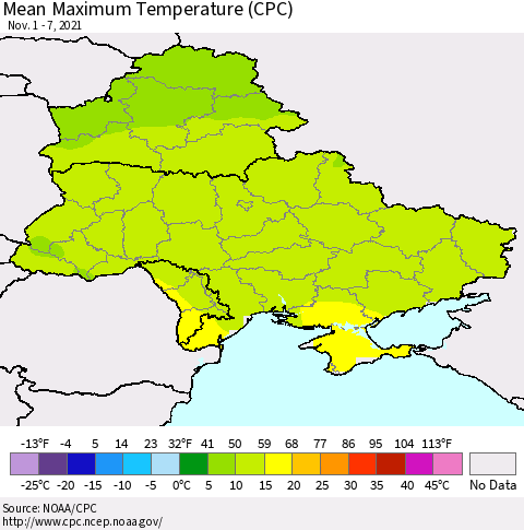 Ukraine, Moldova and Belarus Maximum Temperature (CPC) Thematic Map For 11/1/2021 - 11/7/2021