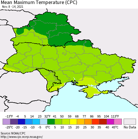 Ukraine, Moldova and Belarus Mean Maximum Temperature (CPC) Thematic Map For 11/8/2021 - 11/14/2021