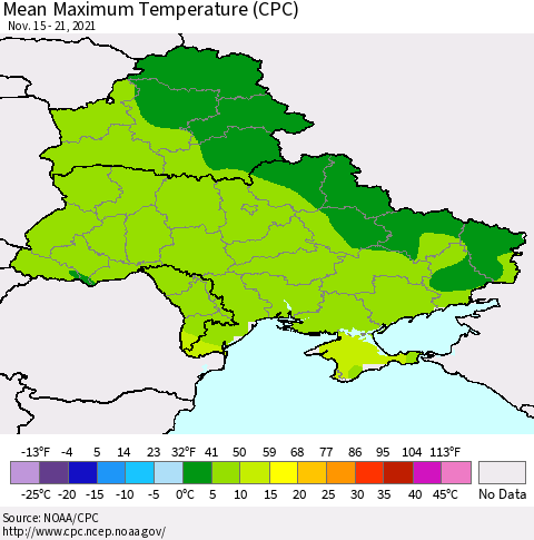 Ukraine, Moldova and Belarus Maximum Temperature (CPC) Thematic Map For 11/15/2021 - 11/21/2021