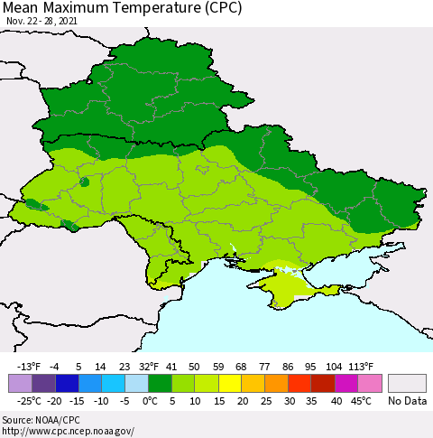 Ukraine, Moldova and Belarus Mean Maximum Temperature (CPC) Thematic Map For 11/22/2021 - 11/28/2021