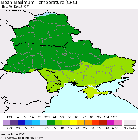 Ukraine, Moldova and Belarus Mean Maximum Temperature (CPC) Thematic Map For 11/29/2021 - 12/5/2021