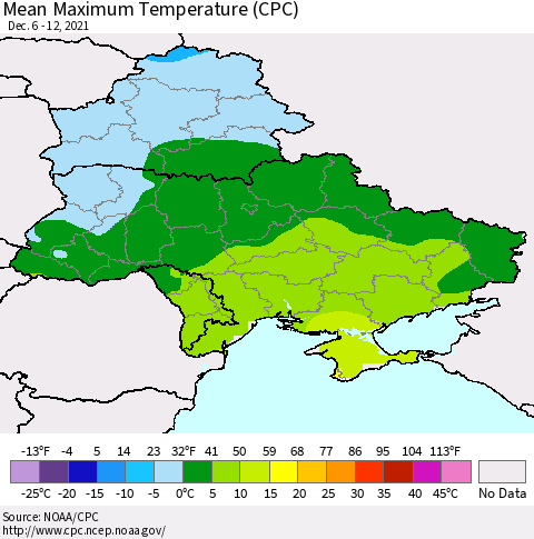 Ukraine, Moldova and Belarus Maximum Temperature (CPC) Thematic Map For 12/6/2021 - 12/12/2021