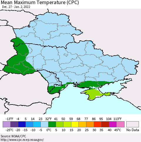 Ukraine, Moldova and Belarus Maximum Temperature (CPC) Thematic Map For 12/27/2021 - 1/2/2022