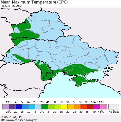 Ukraine, Moldova and Belarus Mean Maximum Temperature (CPC) Thematic Map For 1/10/2022 - 1/16/2022