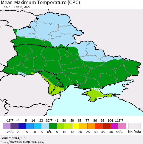 Ukraine, Moldova and Belarus Mean Maximum Temperature (CPC) Thematic Map For 1/31/2022 - 2/6/2022