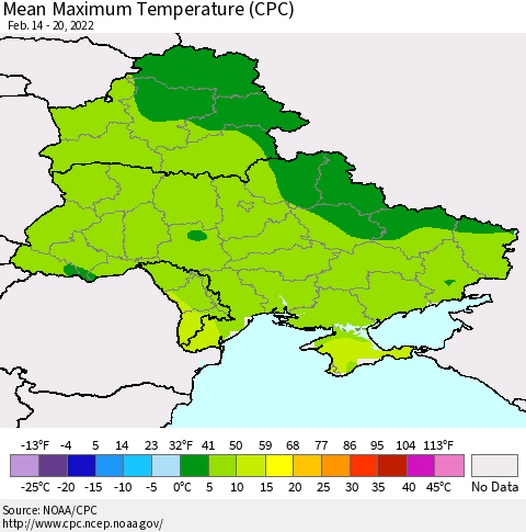 Ukraine, Moldova and Belarus Mean Maximum Temperature (CPC) Thematic Map For 2/14/2022 - 2/20/2022