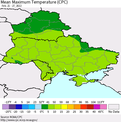 Ukraine, Moldova and Belarus Mean Maximum Temperature (CPC) Thematic Map For 2/21/2022 - 2/27/2022