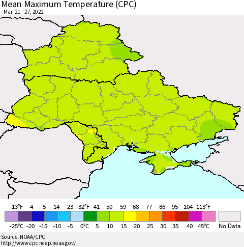Ukraine, Moldova and Belarus Mean Maximum Temperature (CPC) Thematic Map For 3/21/2022 - 3/27/2022