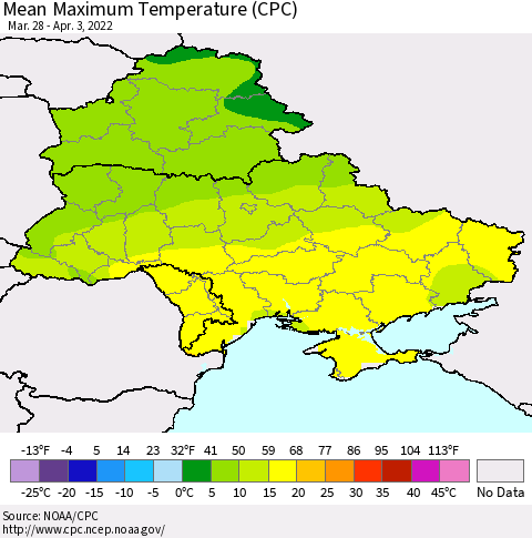 Ukraine, Moldova and Belarus Mean Maximum Temperature (CPC) Thematic Map For 3/28/2022 - 4/3/2022