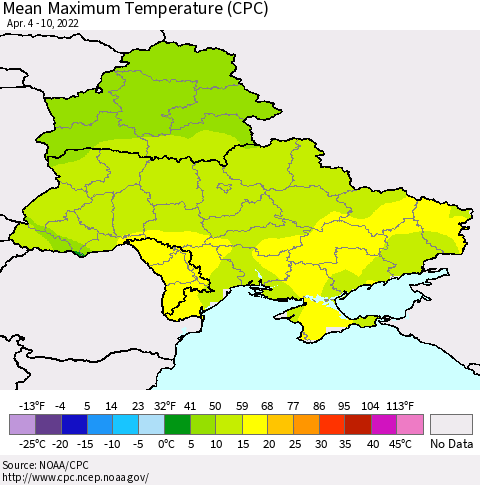 Ukraine, Moldova and Belarus Mean Maximum Temperature (CPC) Thematic Map For 4/4/2022 - 4/10/2022