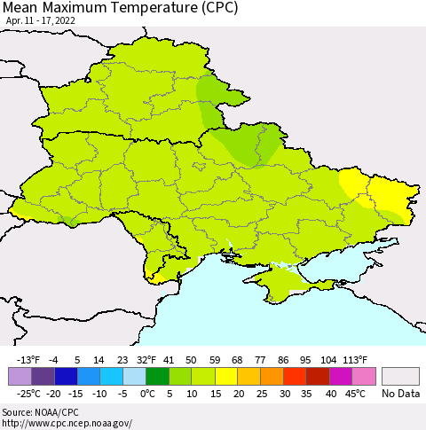 Ukraine, Moldova and Belarus Mean Maximum Temperature (CPC) Thematic Map For 4/11/2022 - 4/17/2022
