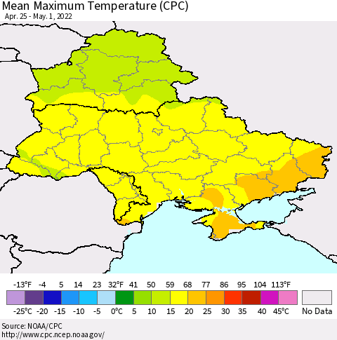 Ukraine, Moldova and Belarus Mean Maximum Temperature (CPC) Thematic Map For 4/25/2022 - 5/1/2022