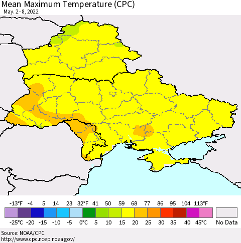 Ukraine, Moldova and Belarus Mean Maximum Temperature (CPC) Thematic Map For 5/2/2022 - 5/8/2022