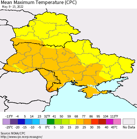 Ukraine, Moldova and Belarus Mean Maximum Temperature (CPC) Thematic Map For 5/9/2022 - 5/15/2022