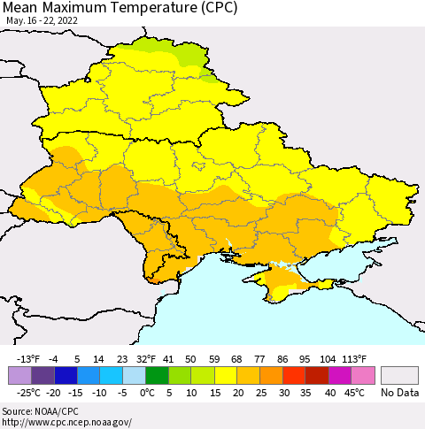 Ukraine, Moldova and Belarus Mean Maximum Temperature (CPC) Thematic Map For 5/16/2022 - 5/22/2022