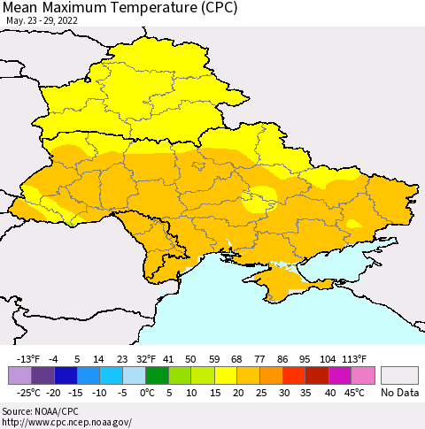 Ukraine, Moldova and Belarus Mean Maximum Temperature (CPC) Thematic Map For 5/23/2022 - 5/29/2022