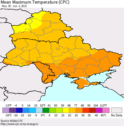 Ukraine, Moldova and Belarus Mean Maximum Temperature (CPC) Thematic Map For 5/30/2022 - 6/5/2022