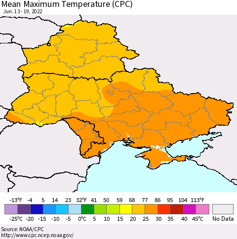 Ukraine, Moldova and Belarus Mean Maximum Temperature (CPC) Thematic Map For 6/13/2022 - 6/19/2022