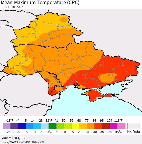 Ukraine, Moldova and Belarus Mean Maximum Temperature (CPC) Thematic Map For 7/4/2022 - 7/10/2022