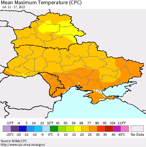 Ukraine, Moldova and Belarus Mean Maximum Temperature (CPC) Thematic Map For 7/11/2022 - 7/17/2022