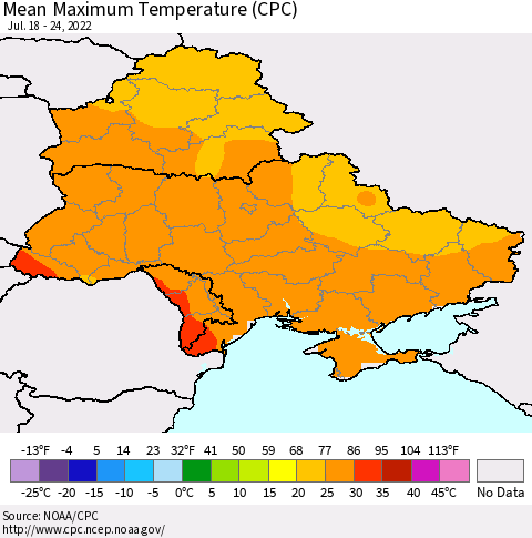 Ukraine, Moldova and Belarus Mean Maximum Temperature (CPC) Thematic Map For 7/18/2022 - 7/24/2022