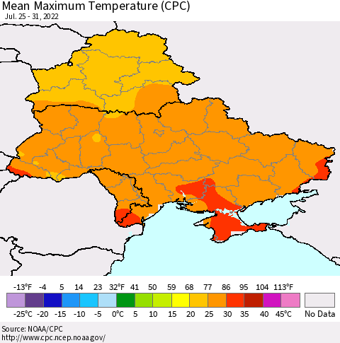 Ukraine, Moldova and Belarus Mean Maximum Temperature (CPC) Thematic Map For 7/25/2022 - 7/31/2022