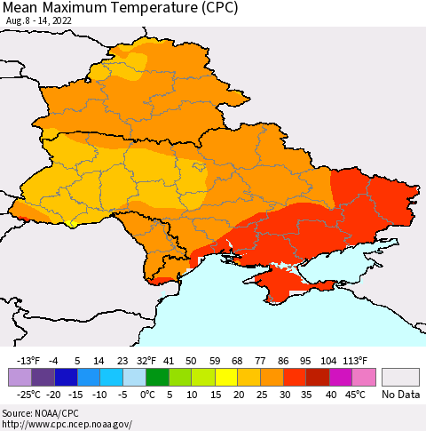 Ukraine, Moldova and Belarus Mean Maximum Temperature (CPC) Thematic Map For 8/8/2022 - 8/14/2022