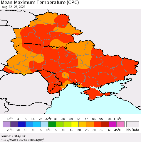 Ukraine, Moldova and Belarus Mean Maximum Temperature (CPC) Thematic Map For 8/22/2022 - 8/28/2022