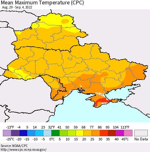 Ukraine, Moldova and Belarus Mean Maximum Temperature (CPC) Thematic Map For 8/29/2022 - 9/4/2022