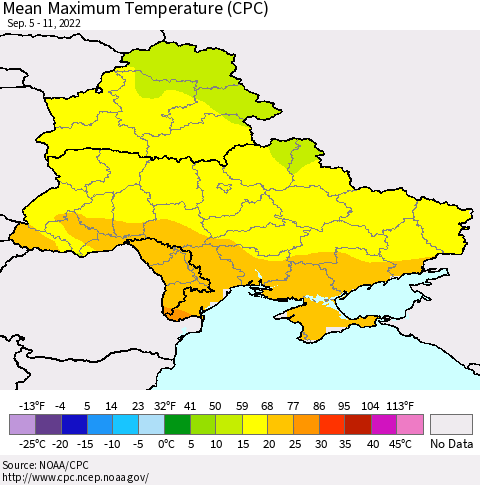 Ukraine, Moldova and Belarus Mean Maximum Temperature (CPC) Thematic Map For 9/5/2022 - 9/11/2022
