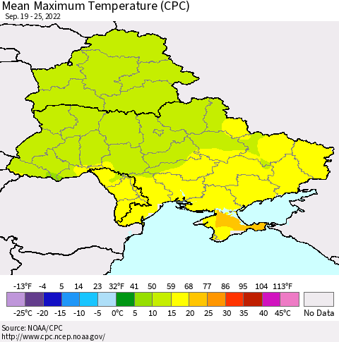 Ukraine, Moldova and Belarus Mean Maximum Temperature (CPC) Thematic Map For 9/19/2022 - 9/25/2022
