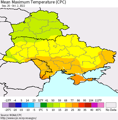 Ukraine, Moldova and Belarus Mean Maximum Temperature (CPC) Thematic Map For 9/26/2022 - 10/2/2022
