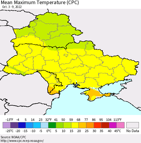 Ukraine, Moldova and Belarus Mean Maximum Temperature (CPC) Thematic Map For 10/3/2022 - 10/9/2022