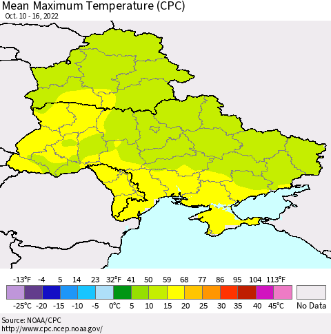 Ukraine, Moldova and Belarus Mean Maximum Temperature (CPC) Thematic Map For 10/10/2022 - 10/16/2022