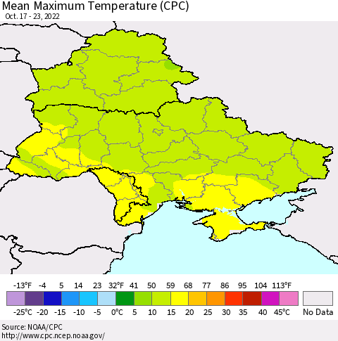 Ukraine, Moldova and Belarus Mean Maximum Temperature (CPC) Thematic Map For 10/17/2022 - 10/23/2022