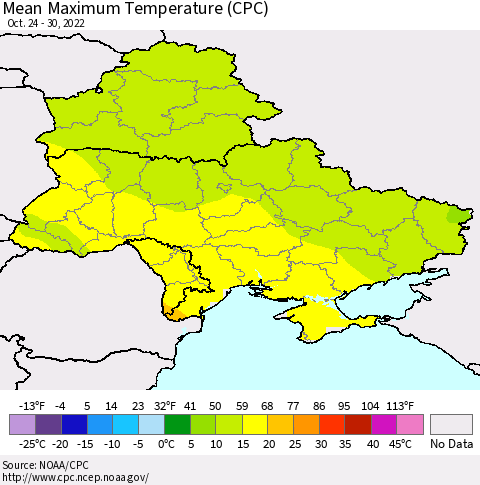 Ukraine, Moldova and Belarus Mean Maximum Temperature (CPC) Thematic Map For 10/24/2022 - 10/30/2022