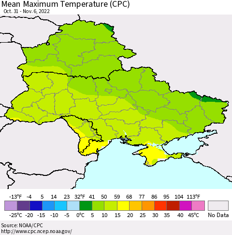 Ukraine, Moldova and Belarus Mean Maximum Temperature (CPC) Thematic Map For 10/31/2022 - 11/6/2022