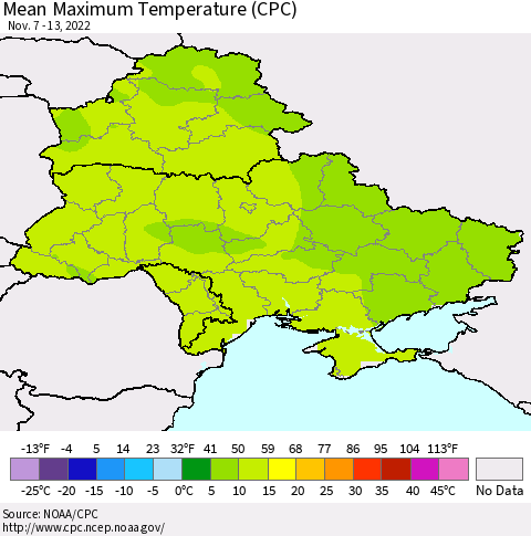 Ukraine, Moldova and Belarus Mean Maximum Temperature (CPC) Thematic Map For 11/7/2022 - 11/13/2022